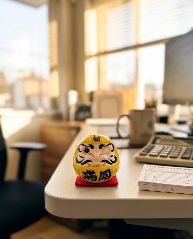 A one-eyed yellow Daruma on the windowsill above Tanisha's kitchen sink