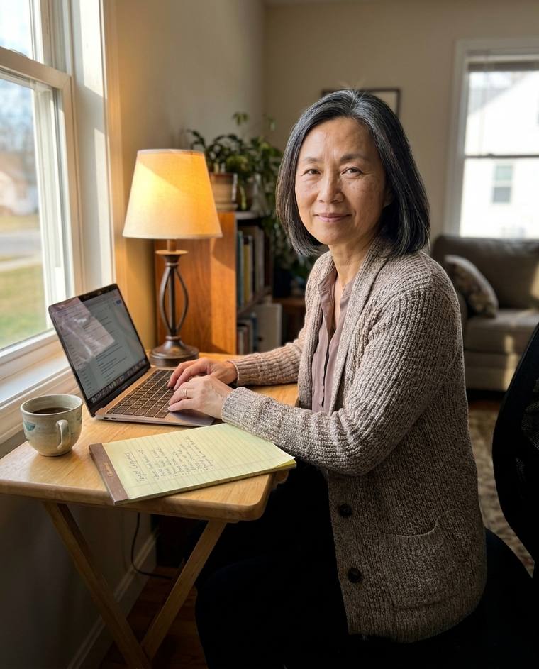 Carol, a former operations director, at her kitchen counter early in the morning