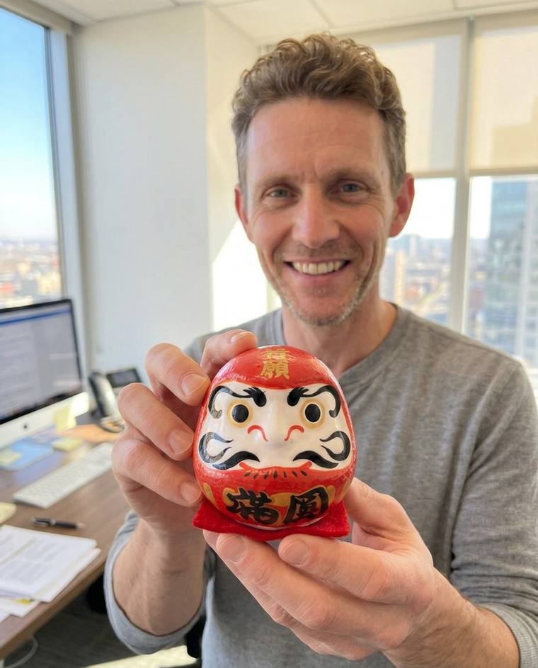 Jack painting the second eye of the red Daruma at the counter at dawn
