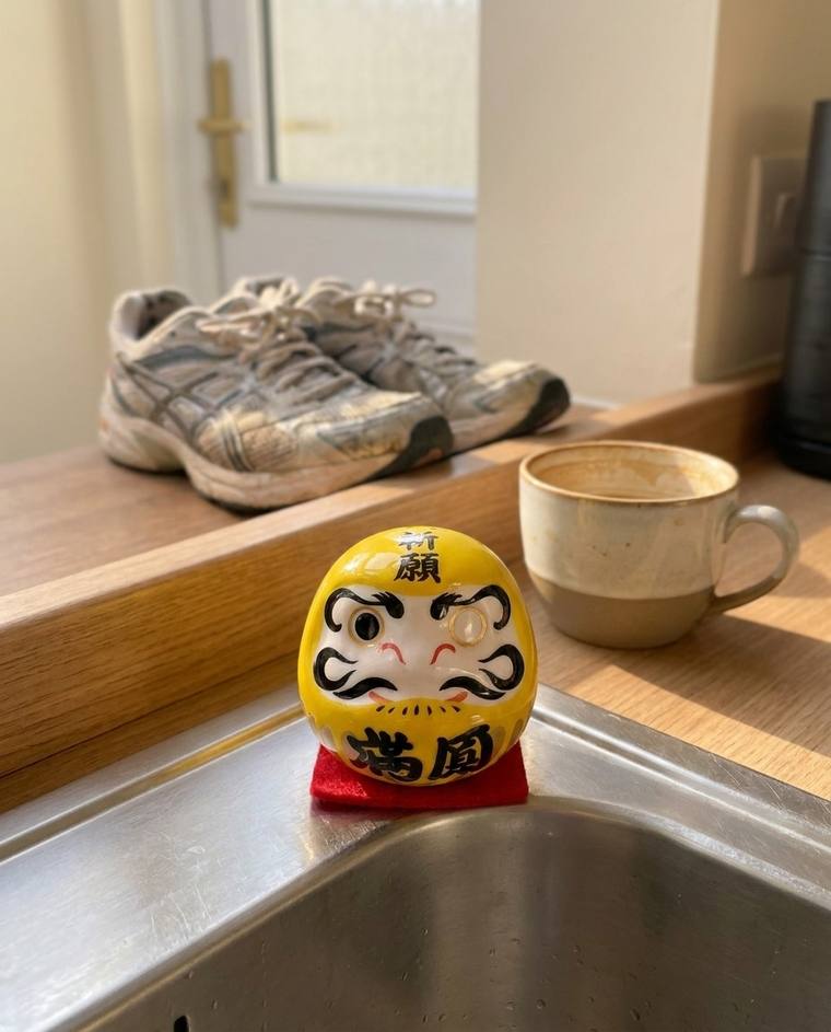 A one-eyed yellow Daruma on the windowsill above Emily's kitchen sink