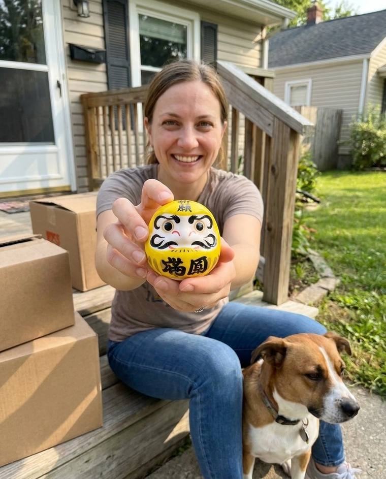 Natalie filling in the second eye of the yellow Daruma while standing on moving boxes