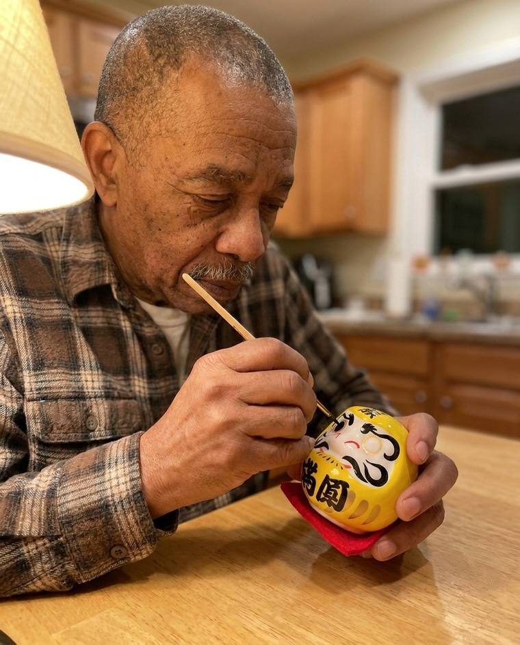Walter filling in the first eye of a yellow Daruma at his kitchen table