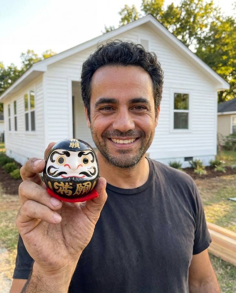Chris filling the second eye of the black Daruma in his driveway