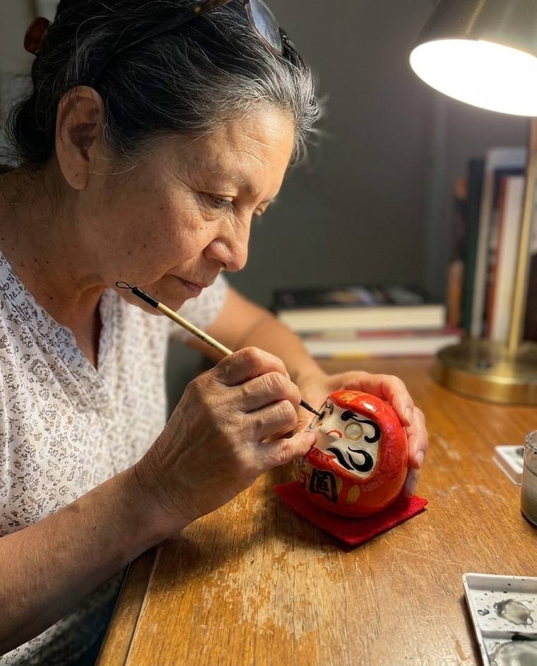 Patricia painting the first eye of a red Daruma at her kitchen table