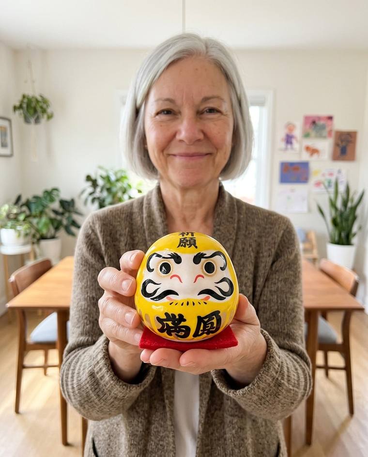 Linda painting the second eye of the yellow Daruma at her kitchen table