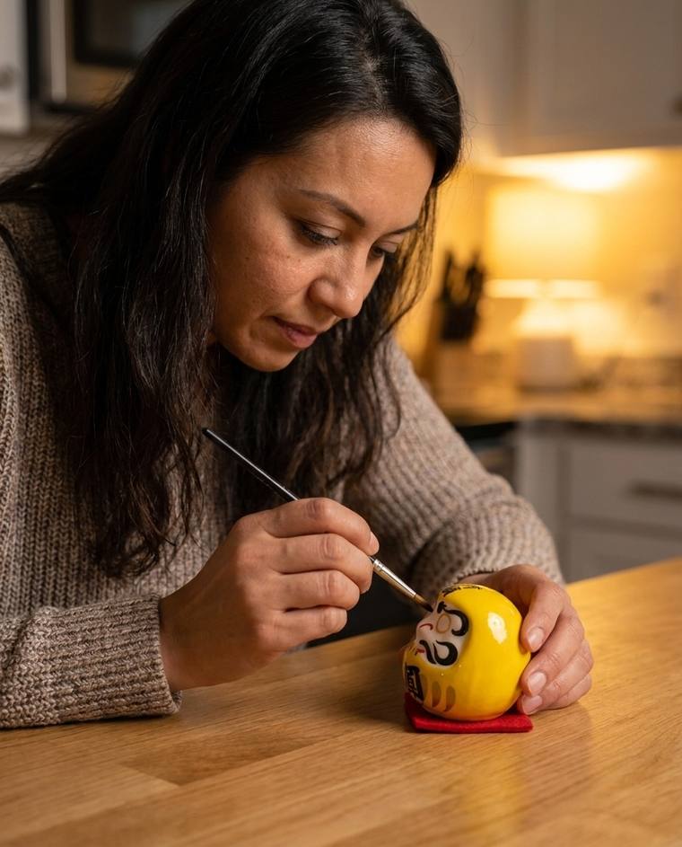 Tanisha painting the first eye of a yellow Daruma with a fine-tip Sharpie
