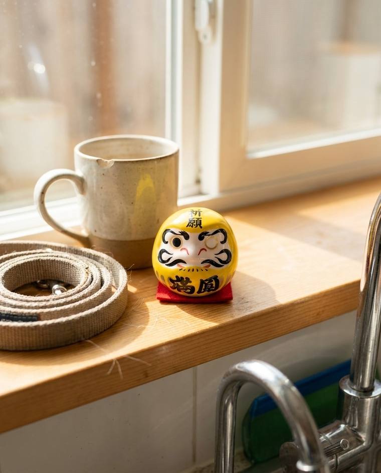 A one-eyed yellow Daruma on a windowsill above a kitchen sink