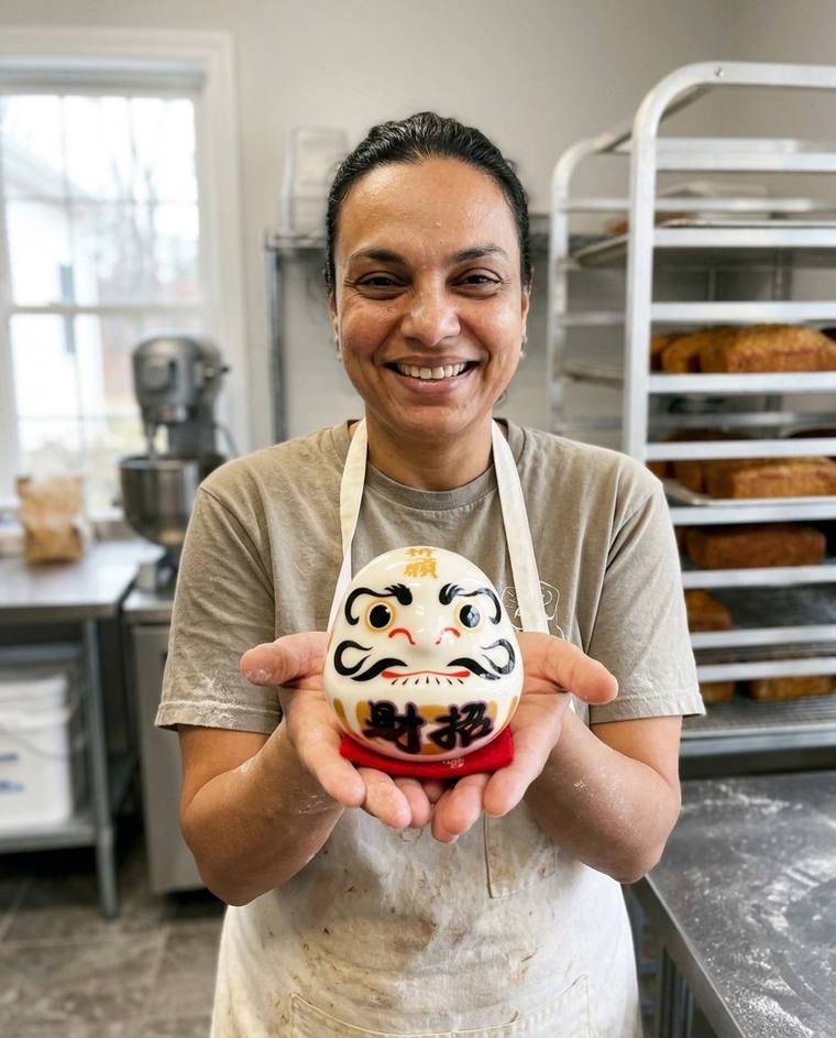 Sarah painting the second eye of the white Daruma in her commercial kitchen
