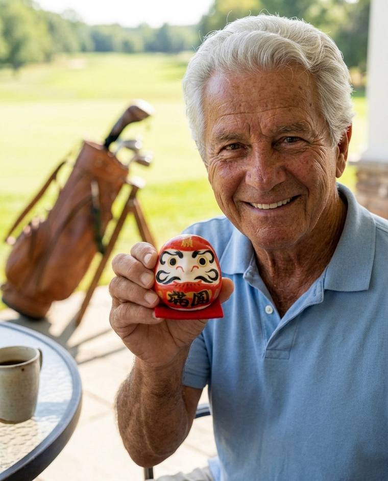 Ronald filling in the second eye of the red Daruma with his wife watching