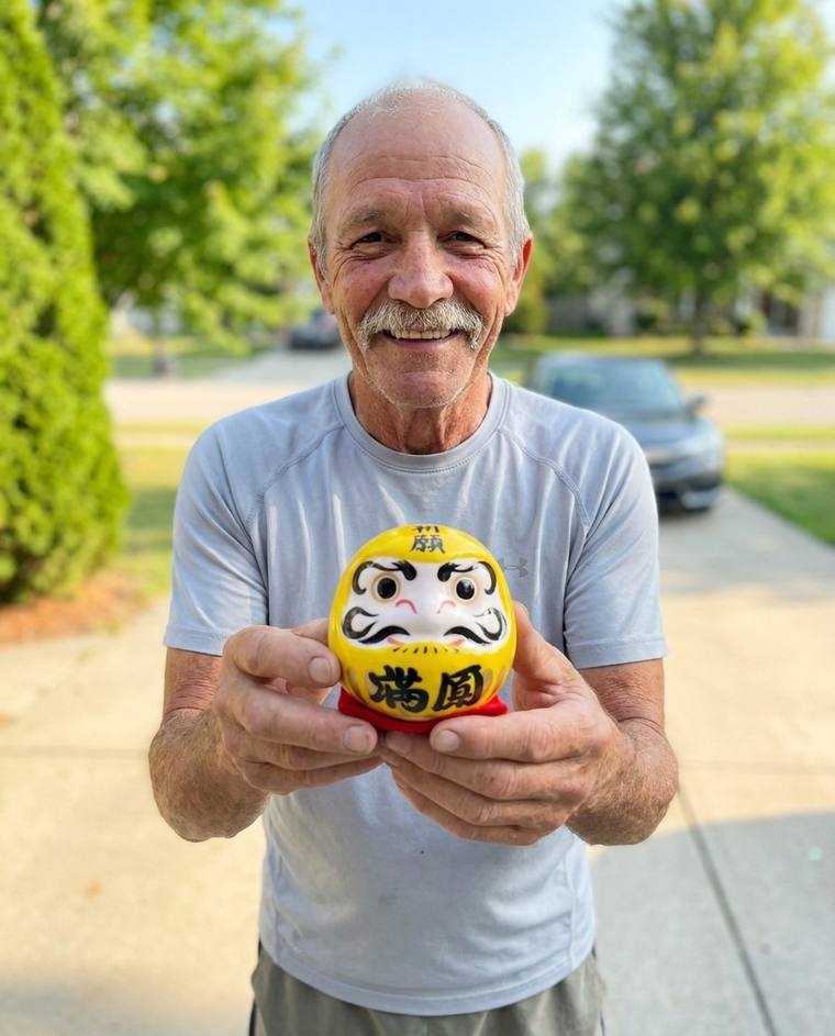 Gary painting the second eye of the yellow Daruma at his kitchen table