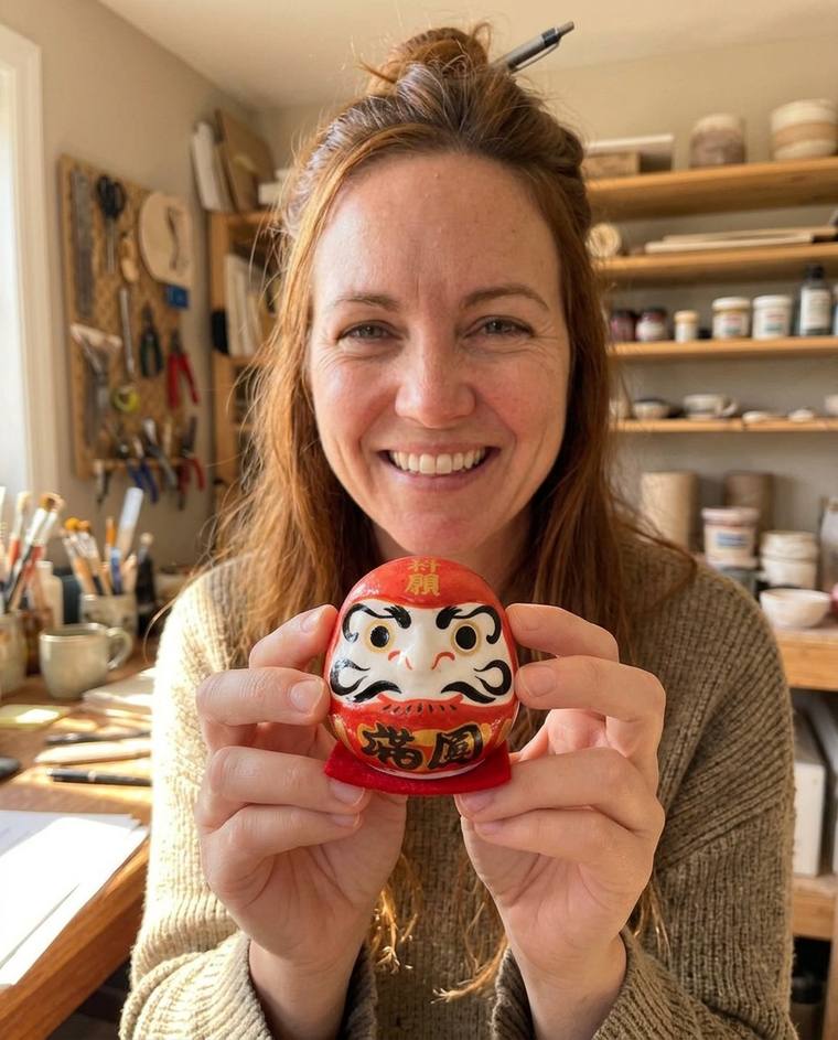 Sydney painting the second eye of the red Daruma at her kitchen counter