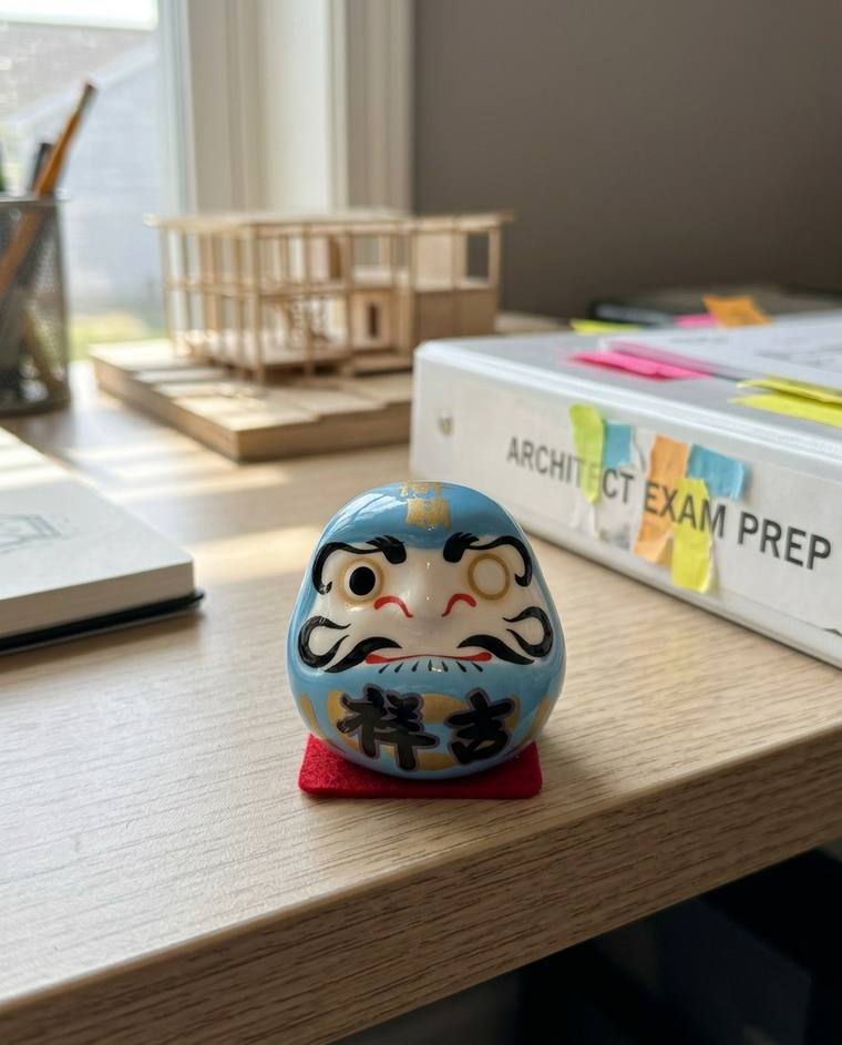 A one-eyed blue Daruma on a windowsill over a kitchen sink