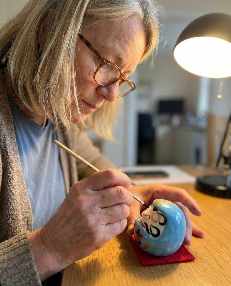 Diane painting the first eye of a blue Daruma at her kitchen table
